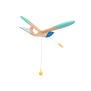 Hanging pinewood mobile bird toy in natural tones and blue painted wings and beak by Eguchi